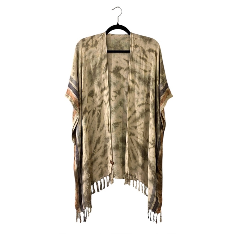 Neutral Tie-Dye Fringe Kimono - Women Accessories